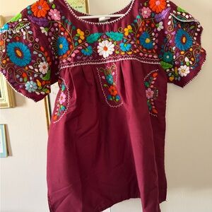 Fiesta Mexican Embroidered Floral Blouse - Burgundy Size Small